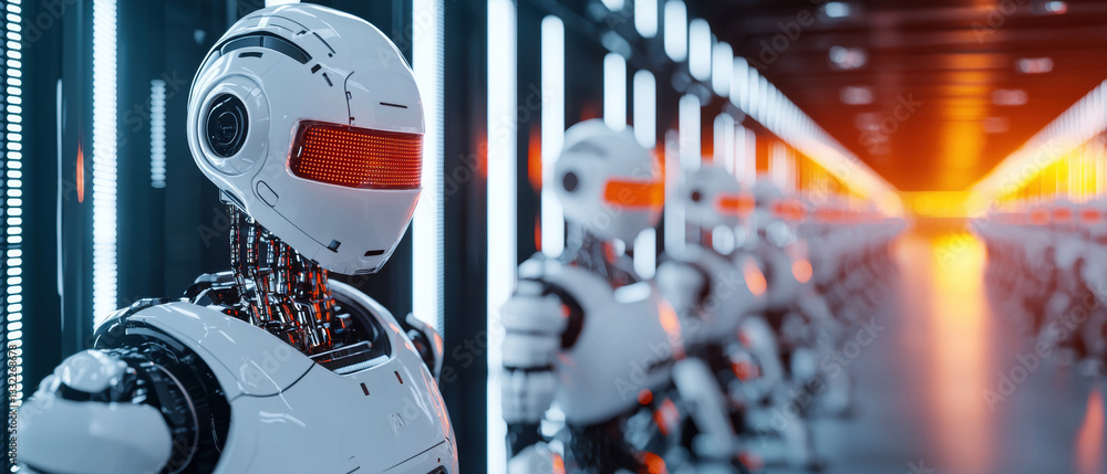 Poster futuristic robots in high tech corridor with glowing lights