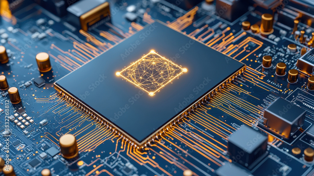 Aufkleber wireless technology and future wifi concept, quantum supercomputer chip with intricate circuitry and