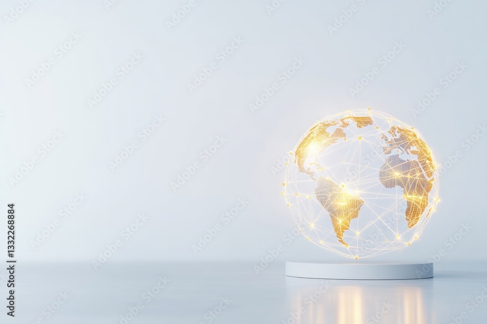 Poster glowing globe connected with golden threads symbolizes network of global trade and commerce with cop
