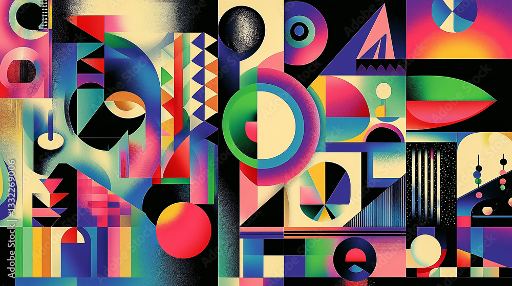 Poster vibrant abstract composition of geometric shapes and patterns in bold colors