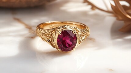 A luxurious ruby gemstone ring with intricate gold detailing, elegantly displayed on a marble surface.