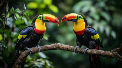 Two vibrant toucans perched on a tree branch in a tropical rainforest with lush green foliage.

