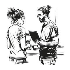 Casual Office Discussion - Black and White Vector Illustration