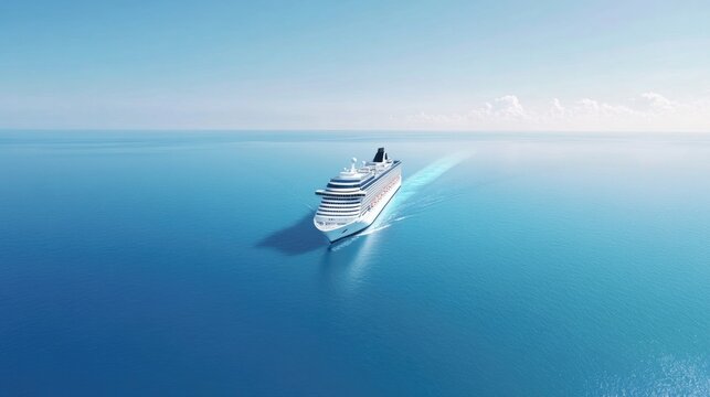 majestic cruise liner glides over calm blue waters under clear sky with ample copy space above horizon