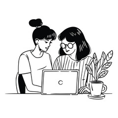 Women Working Together - Black and White Office Illustration