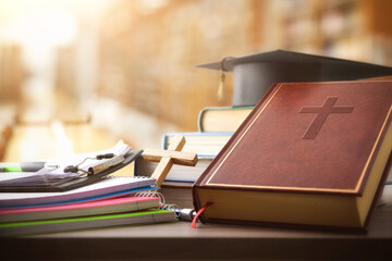 Bible books and supplies for Catholic education in a library