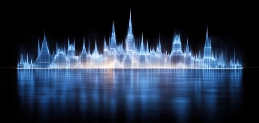 Blueprint-style digital cityscape, glowing neon technical drawings, abstract futuristic architecture, high-tech engineering design, ultra-HD CGI