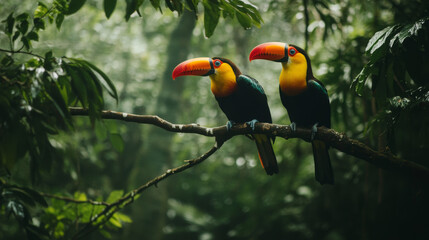 Obraz premium Two vibrant toucans perched on a tree branch in a tropical rainforest with lush green foliage.