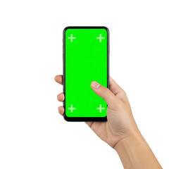 Hand holding a modern smartphone browsing a green screen, isolated on a clean white background. Perfect for tech, app, and digital marketing visuals