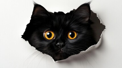 Black Cat with Expressive Eyes Peeking Through Ragged Torn White Paper in Captivating Image