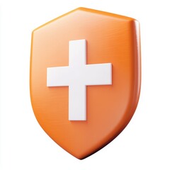 Obraz premium Round orange shield with white cross icon, symbol of health protection or data security concept