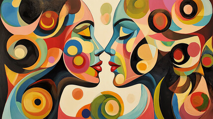 Fototapeta premium Abstract Colorful Portrait of Two Women in a Passionate Embrace A Vibrant Modern Art Painting