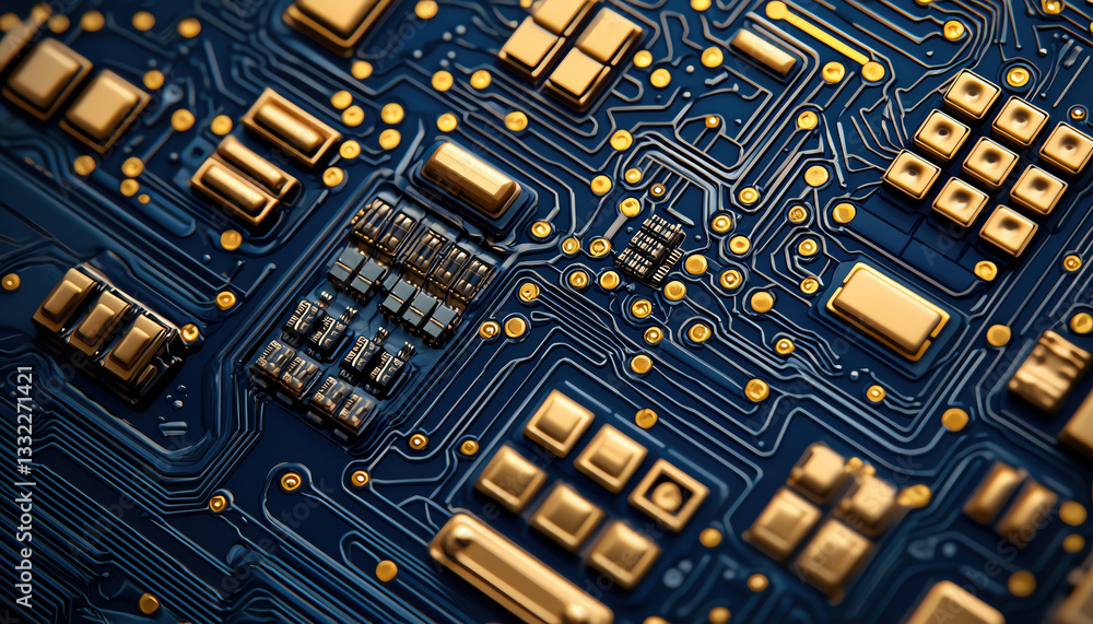 Poster close up of blue circuit board with gold components and intricate patterns