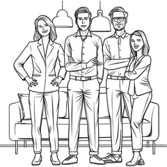 Professional Business Team - Black and White Vector Illustration