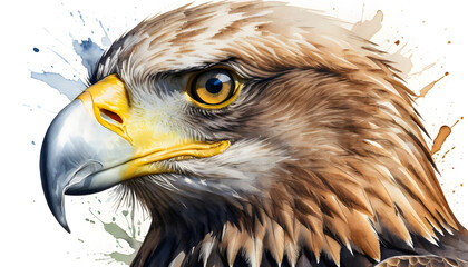 Striking Watercolor Close-Up of an Eagle's Head with Sharp Details of Its Golden Eyes and Powerful Beak, Capturing the Strength and Majesty of the Bird