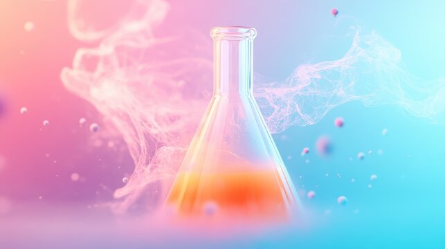 Colorful laboratory flask with swirling liquid, bright and vibrant background, symbolizes science and experimentation.