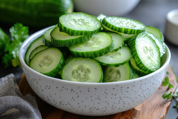 Freshly sliced ​​cucumbers neatly arranged in a white ceramic bowl with dark speckles.  