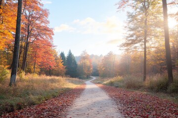 Obraz premium capture serene stillness of autumn forest showcasing vibrant red and orange leaves scattered on ground as golden light