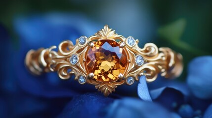 Naklejka premium A macro shot of a beautiful citrine gemstone bracelet with delicate filigree detailing.