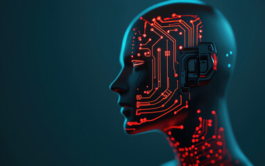 Obraz premium Cybernetic human with neural implants and circuit patterns on face