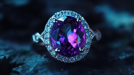 A macro shot of a dazzling amethyst gemstone ring with delicate diamond accents.