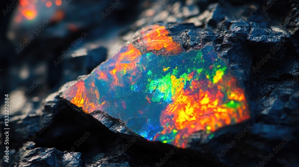 Poster a macro shot of a fiery opal, displaying its unique rainbow-like play of colors.