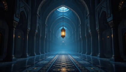 Grand hall interior with illuminated lantern, corridor in islamic architectural style