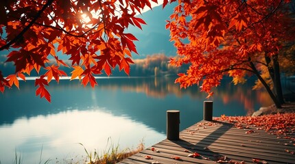 An autumn scene with vibrant orange and red leaves on tree branches framing a calm lake, a rustic wooden deck or table in the foreground, and blurred autumn foliage reflecting in the water