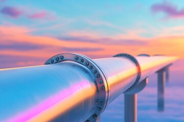 Shiny Metallic Pipeline Extending into a Colorful Sky at Sunset
