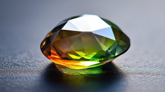 A macro shot of a fine cut sphene gemstone, reflecting a dazzling spectrum of colors.