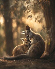 Mother Agile Wallaby tenderly grooming her joey shade of eucalyptus tree their fur softly illuminated dappled light filtering through canopy telephoto lens capture fine texture of their fur blurred