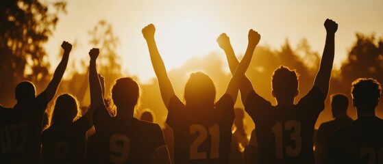 A group of sports fans celebrates triumphantly, raising their arms against the backdrop of a golden sunset, radiating enthusiasm and team spirit.