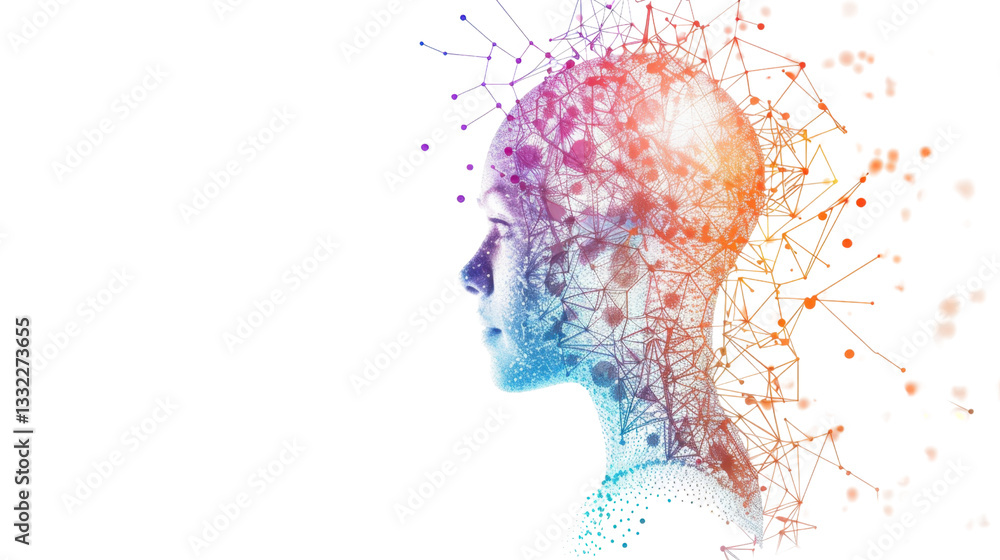 Aufkleber artificial intelligence: human head transforming into colorful network on transparent background