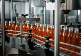 Bottles of orange beverage on a production line in a factory setting