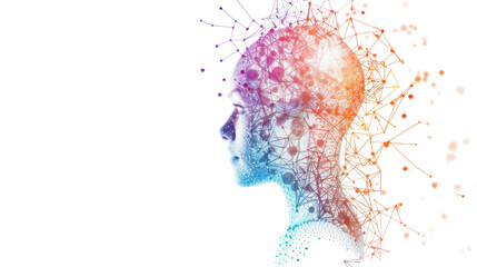 Artificial intelligence: human head transforming into colorful network on transparent background
