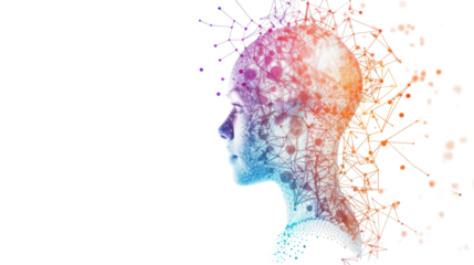 Artificial intelligence: human head transforming into colorful network on transparent background