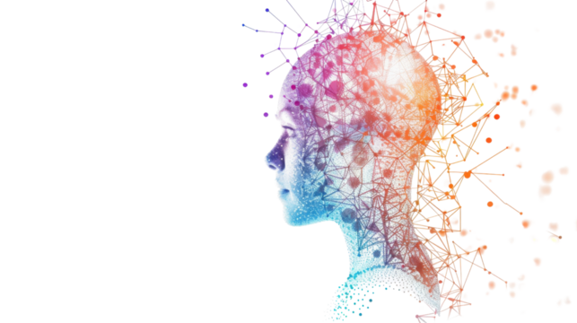 Artificial intelligence: human head transforming into colorful network on transparent background