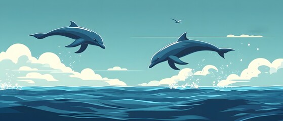 Dolphins playfully leaping ocean horizon fauna exploration zero-waste resources natural environment dynamic viewpoint