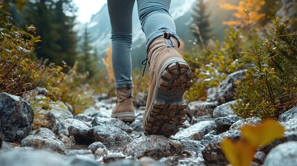 A Lone Hikers Boots Confidently Navigate A Rocky Stream, Their Journey Mirroring The Unwavering Spirit Of Adventure Through An Autumnal Landscape Bathed In Warm Sunlight