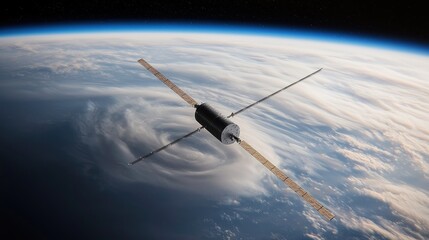 Spacecraft orbiting Earth over a storm system