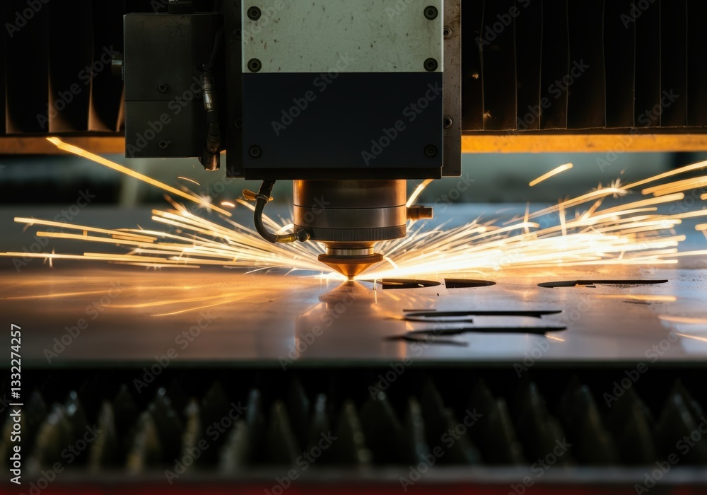 Aufkleber laser cutting machine creating sparks while processing metal sheet