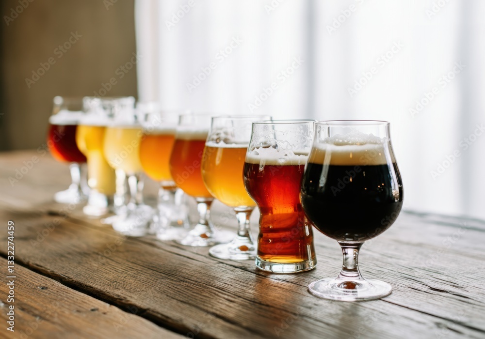 Poster a colorful array of craft beers displayed in elegant glasses on a wooden table