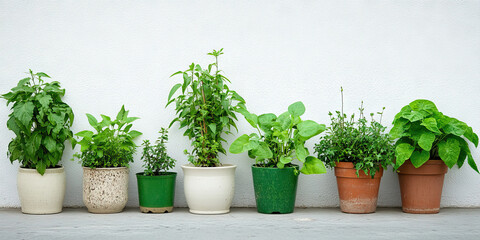 Fototapeta premium Seven Potted Plants Against White Wall