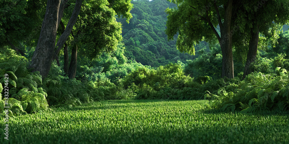 Poster digital rendering of a forest clearing with grass and ferns