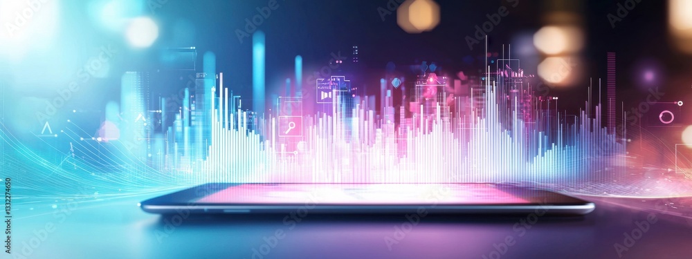 Poster digital device showcase with colorful data visualization background