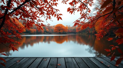 An autumn scene with vibrant orange and red leaves on tree branches framing a calm lake, a rustic wooden deck or table in the foreground, and blurred autumn foliage reflecting in the water