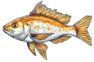 A brightly colored illustration of a goldfish swimming peacefully