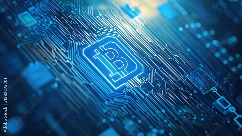 Poster blue circuit board with bitcoin symbol illuminated in digital space
