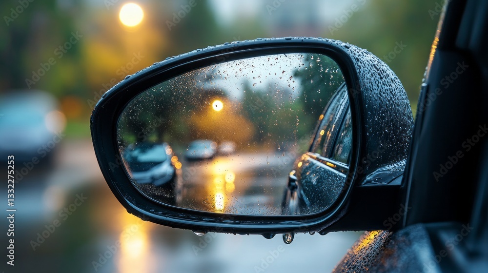 Poster glittering raindrops cling to the side view mirror of a parked car, reflecting the soft glow of stre