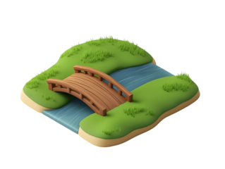 Isometric Wooden Bridge Crossing a Small River with Green Grass Surroundings